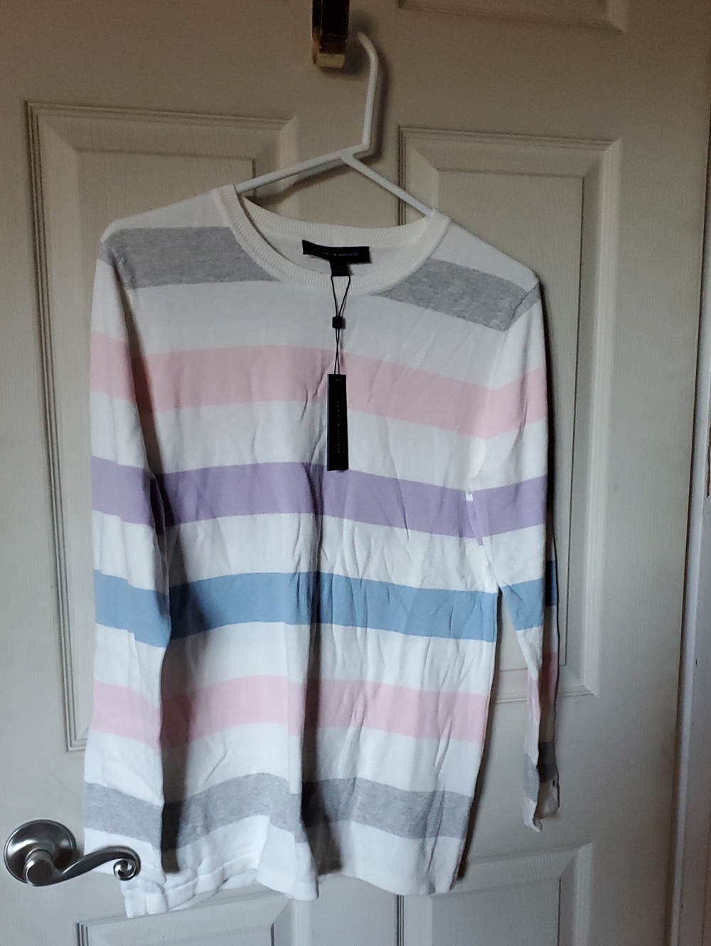 Men's Striped Crewneck Sweater in White with Pastel Stripes